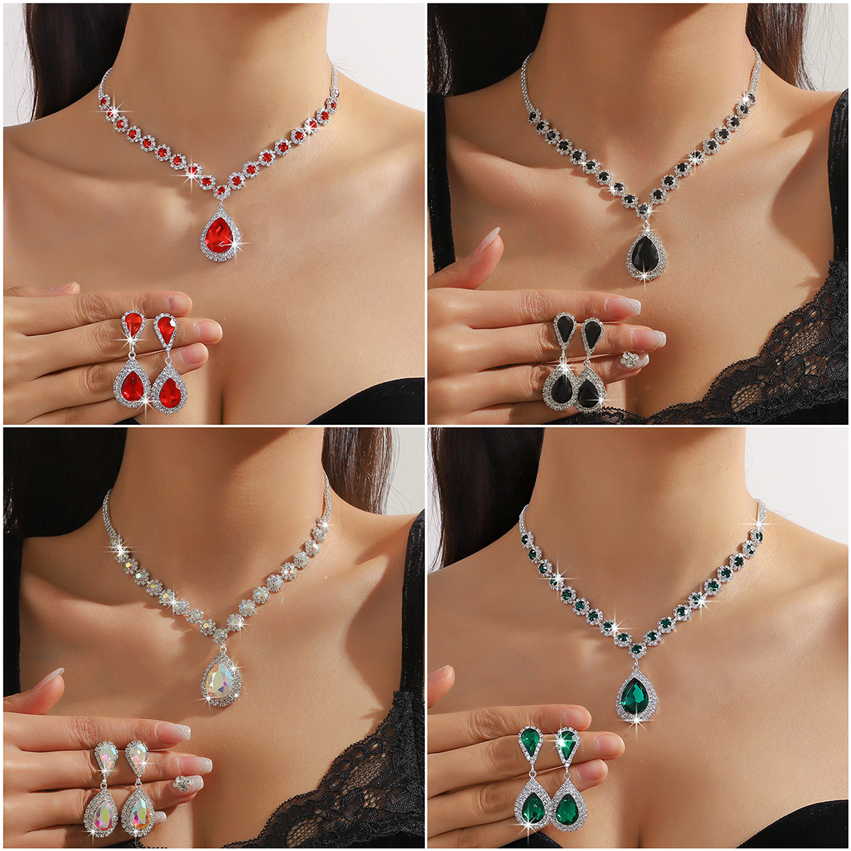 White Color Blue Green Red Water Drop Crystal Necklace Earring Set Jewelry Two Piece Set