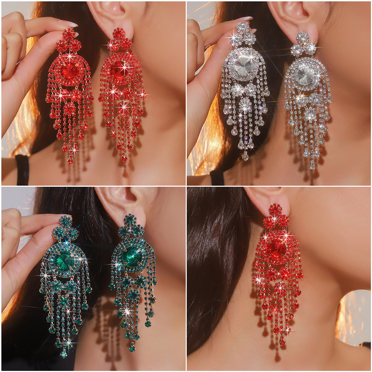 Fashionable geometric crystal full diamond long tassel earrings for women's exaggerated dinner dress earrings