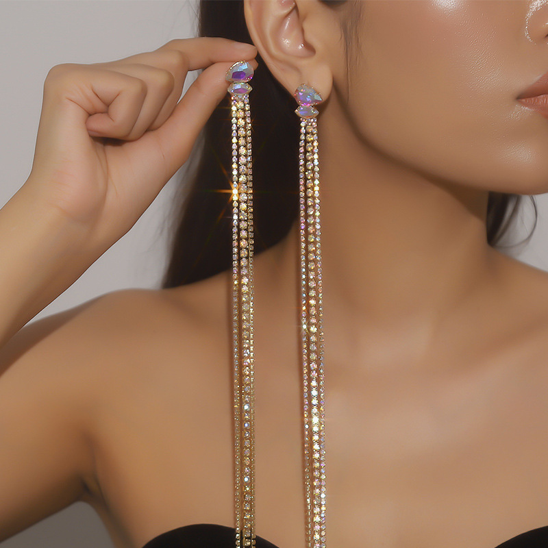 Exaggerated, ultra long and colorful AB diamond tassel earrings and earrings for women's fashionable, high-end and atmospheric dresses, versatile earrings