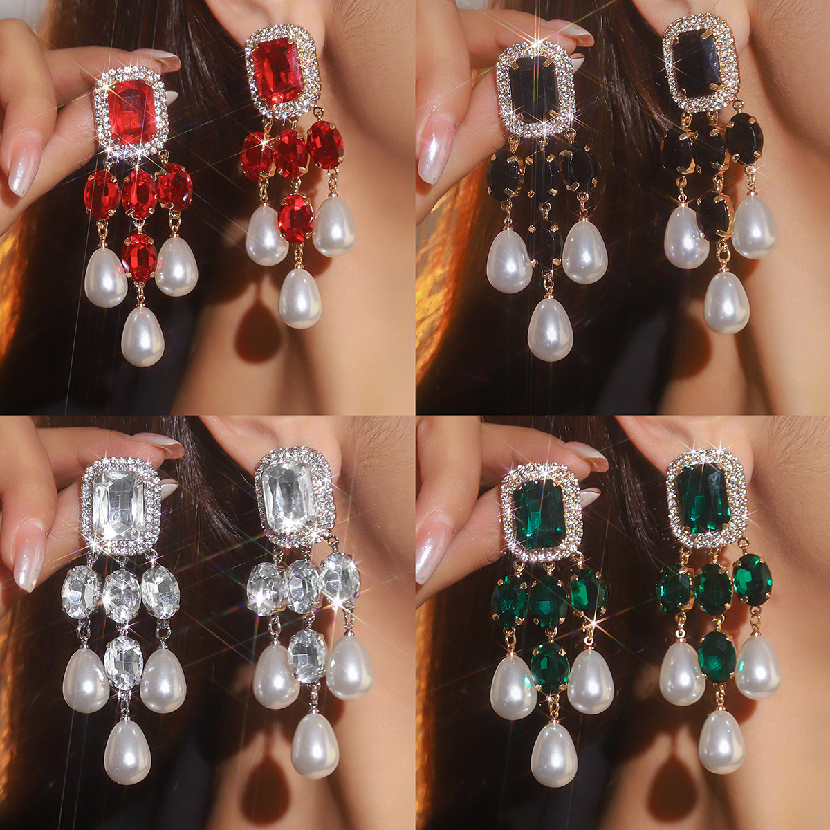 Exaggerated Series Geometric Imitation Pearl Colored Crystal Earrings Earrings Banquet Dress Versatile Earrings Wholesale