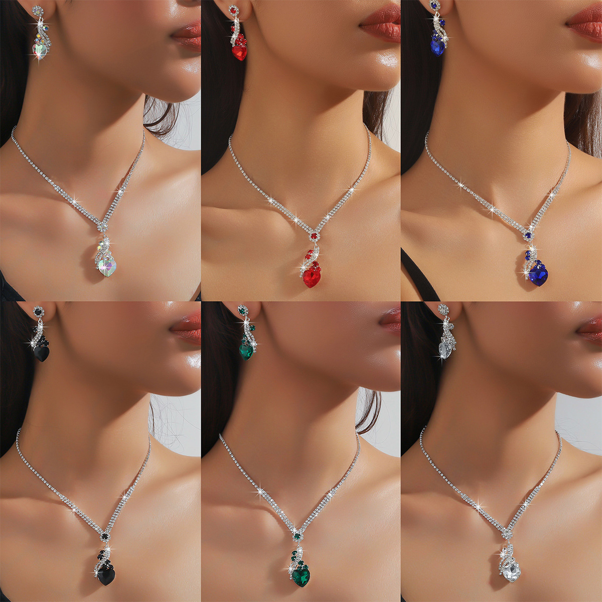 Dazzling Color Blue Green Red Black Water Drop Geometric Crystal Necklace Earrings Two Piece Set Jewelry for Women