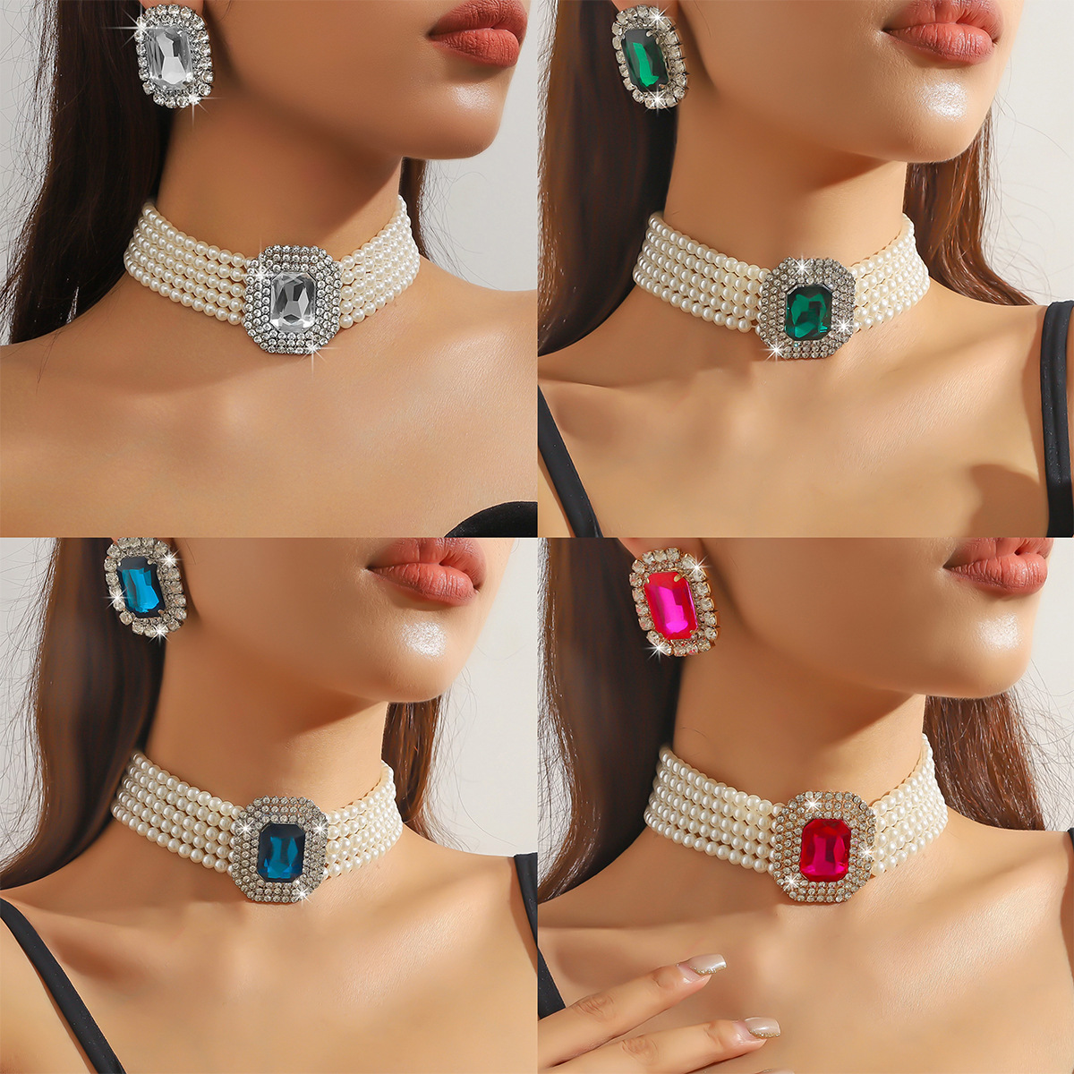 The source of goods is exaggerated, with multiple layers of imitation pearls, colorful rectangular geometric shapes, large crystal necklaces, necklaces, and necklaces