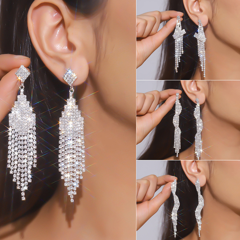 Exaggerated long earrings Korean style full diamond earrings, rhinestone tassel nightclub earrings, formal party earrings