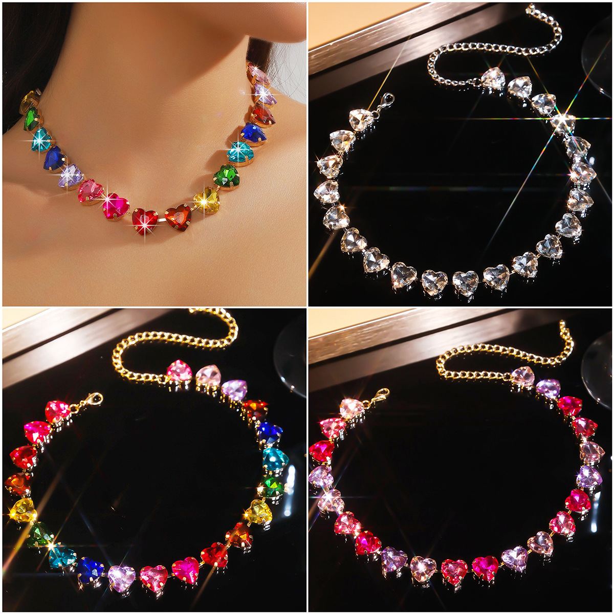 Rose pink white peach heart heart-shaped glass rhinestone collarbone chain exaggerated banquet accessory crystal necklace