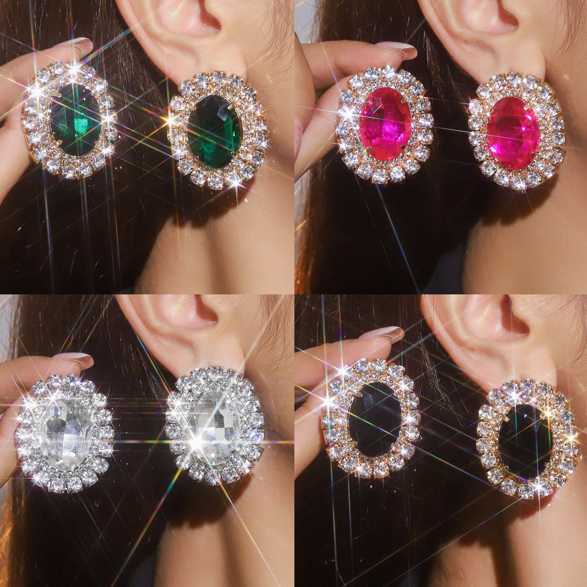 Exaggerated Geometric Elliptical Colored Red Green Black Crystal Large Earnail Earrings Banquet Dress Versatile Earrings Wholesale