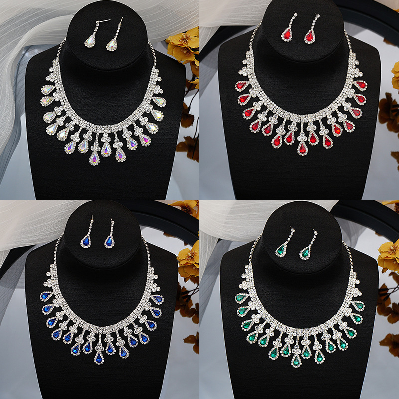 Bridal necklace set, fashionable and high-end colored crystal necklace earrings two-piece set