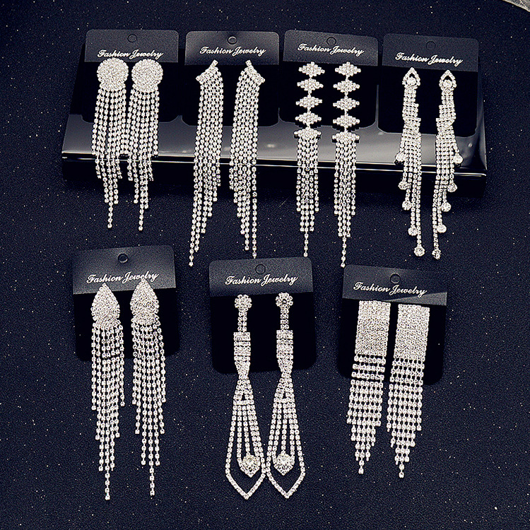 Korean style classical earrings with ultra long rhinestones and tassels, nightclub earrings, formal dresses, banquet earrings, wholesale