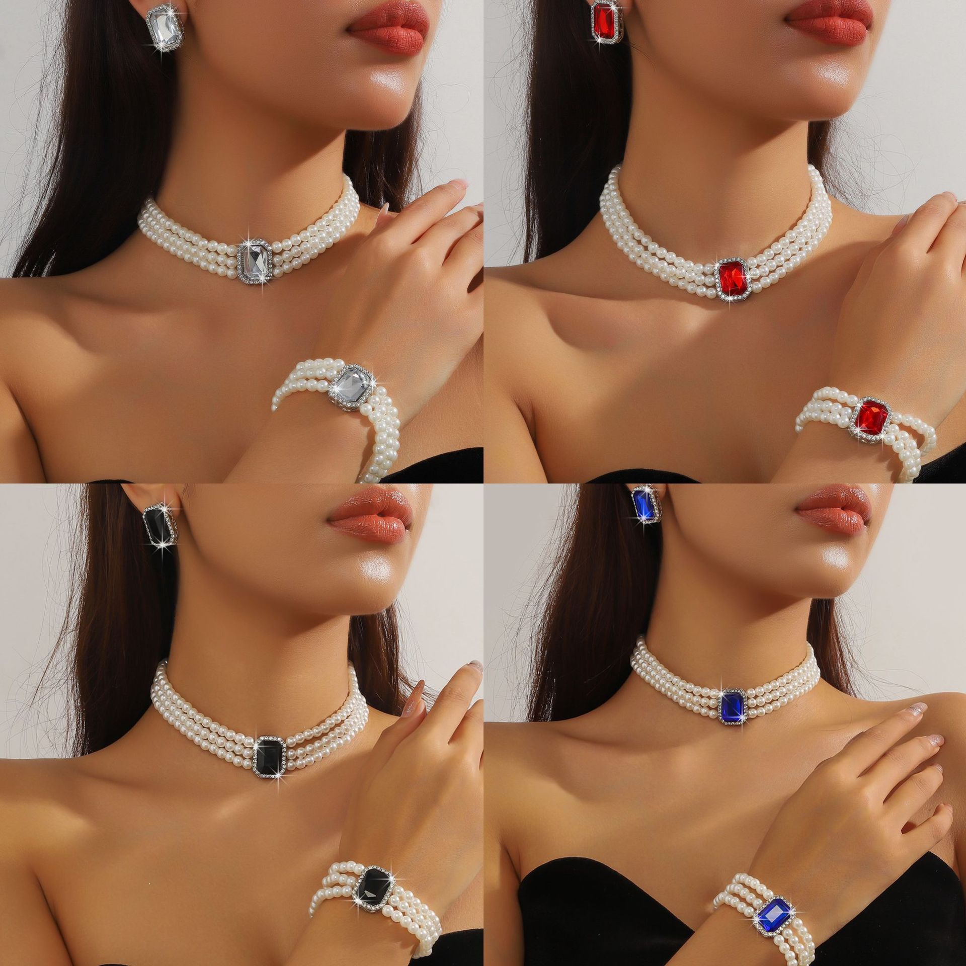 Fashionable luxury multi-layer imitation pearl geometric crystal necklace earring bracelet three piece set