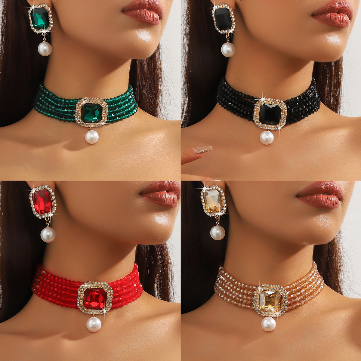 Luxurious multi-layer crystal glass geometric neck chain earrings, colorful crystal necklace, fashionable and exaggerated necklaces