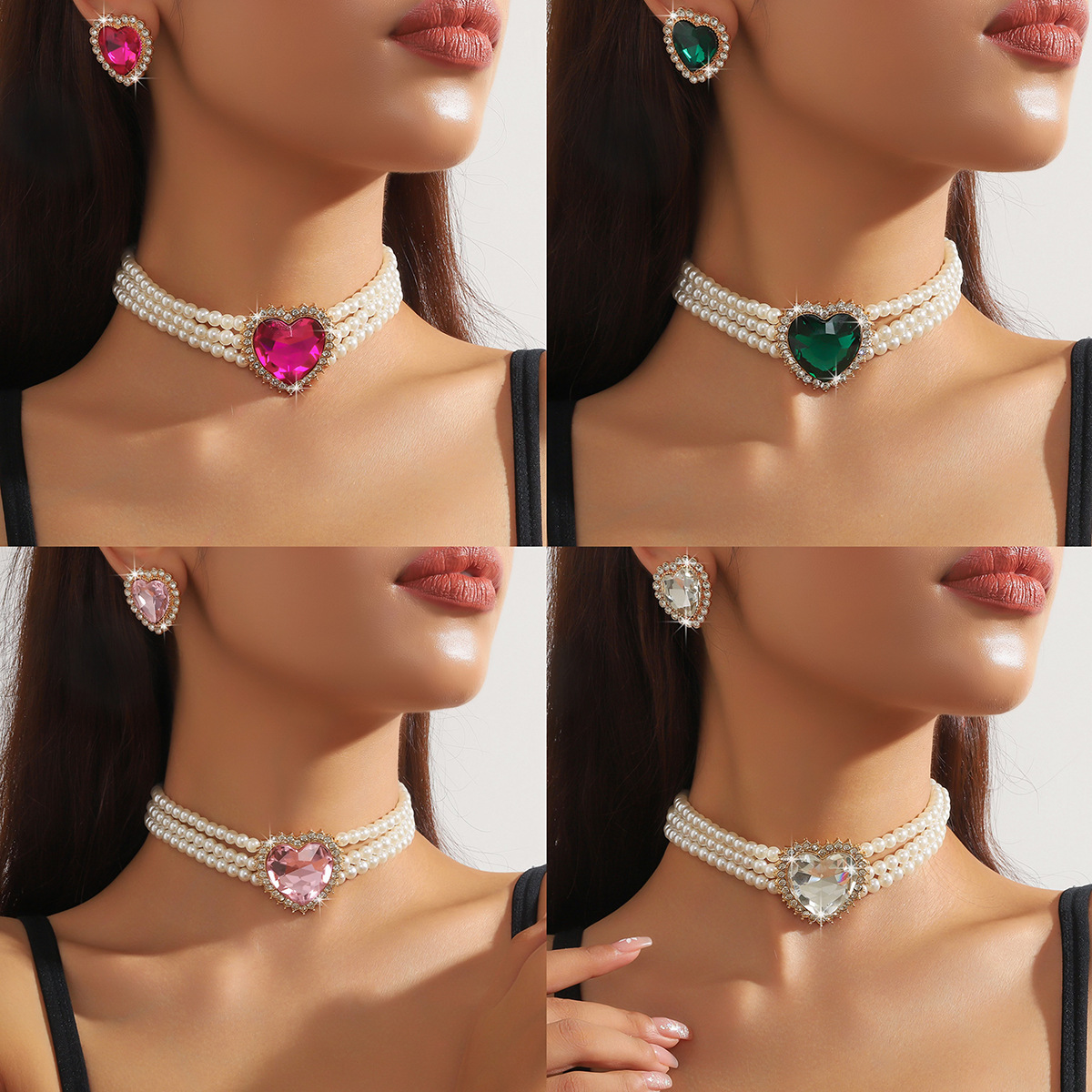 The source of goods is exaggerated, with multiple layers of imitation pearls, colorful hearts, peach hearts, large crystal necklaces, necklaces, and necklaces