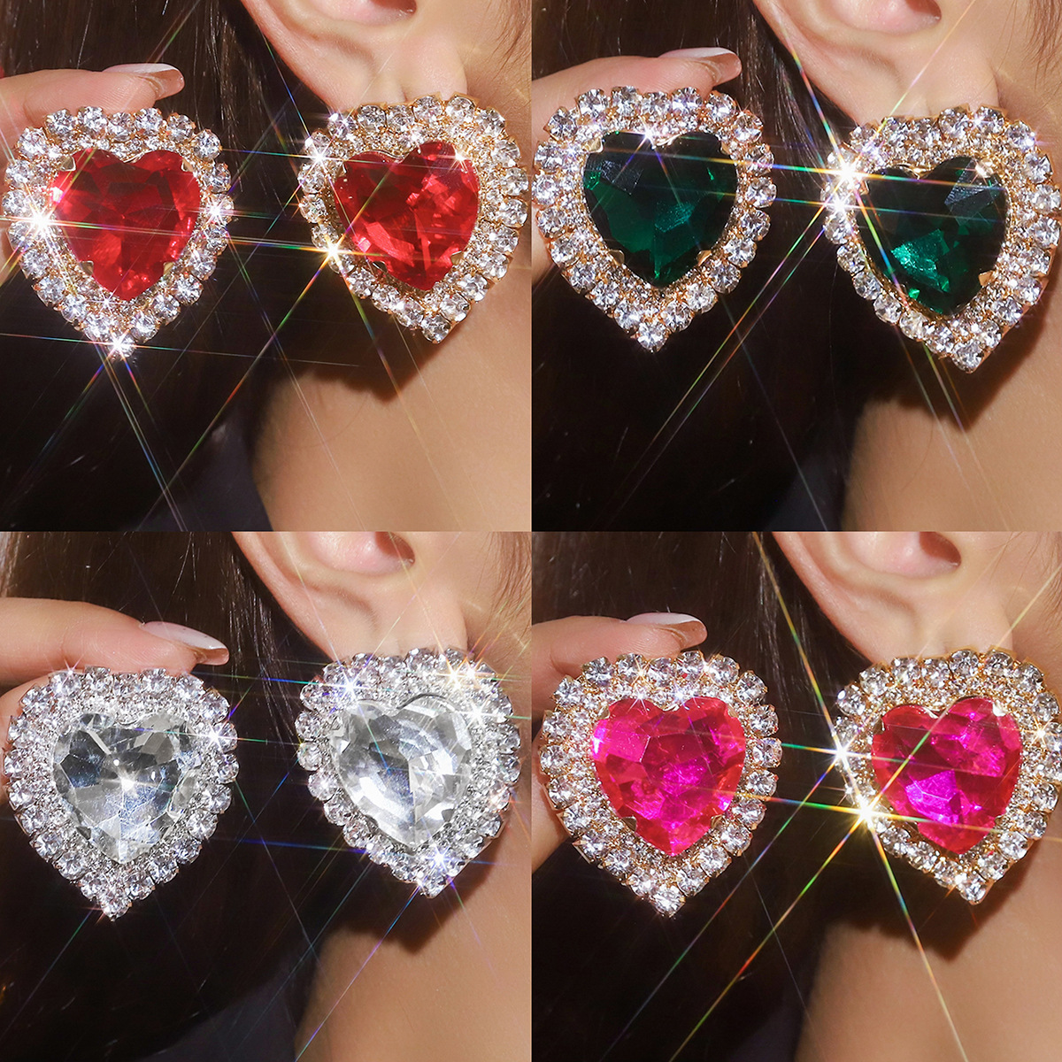 Exaggerated geometric heart-shaped colorful pink, green, black crystal earrings, versatile earrings for dinner dresses