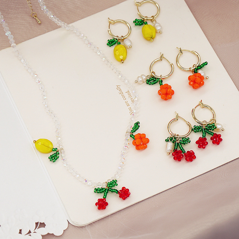 Handwoven Beaded Cherry Orange Fun Fruit Earrings Necklace Neck Chain Clavicle Chain from Dongdaemun, South Korea