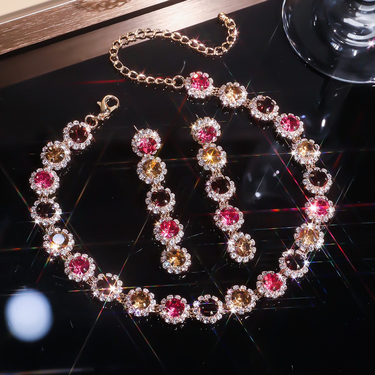 Wind colored full diamond dazzling crystal necklace earrings dinner dress exaggerated collarbone chain