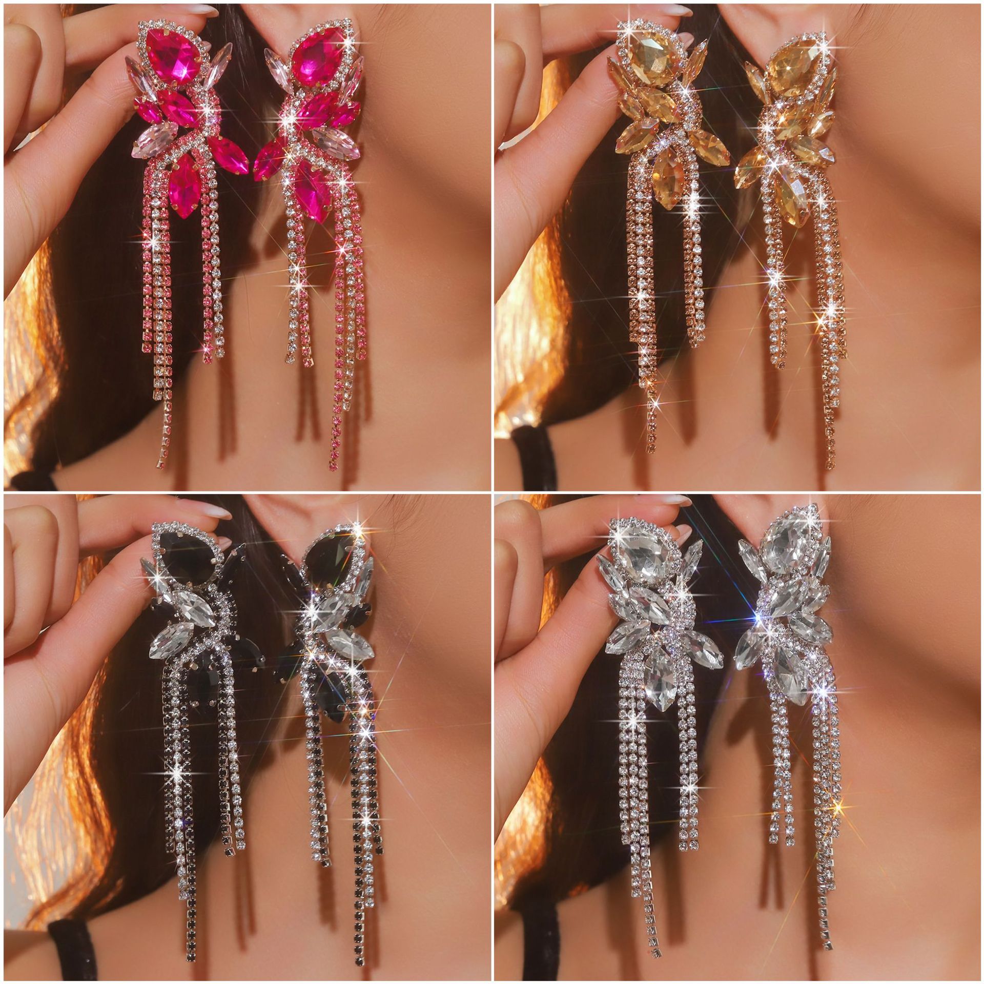 Fashion earrings full of diamonds, long tassels, crystal earrings, women's exaggerated banquet dress, banquet earrings