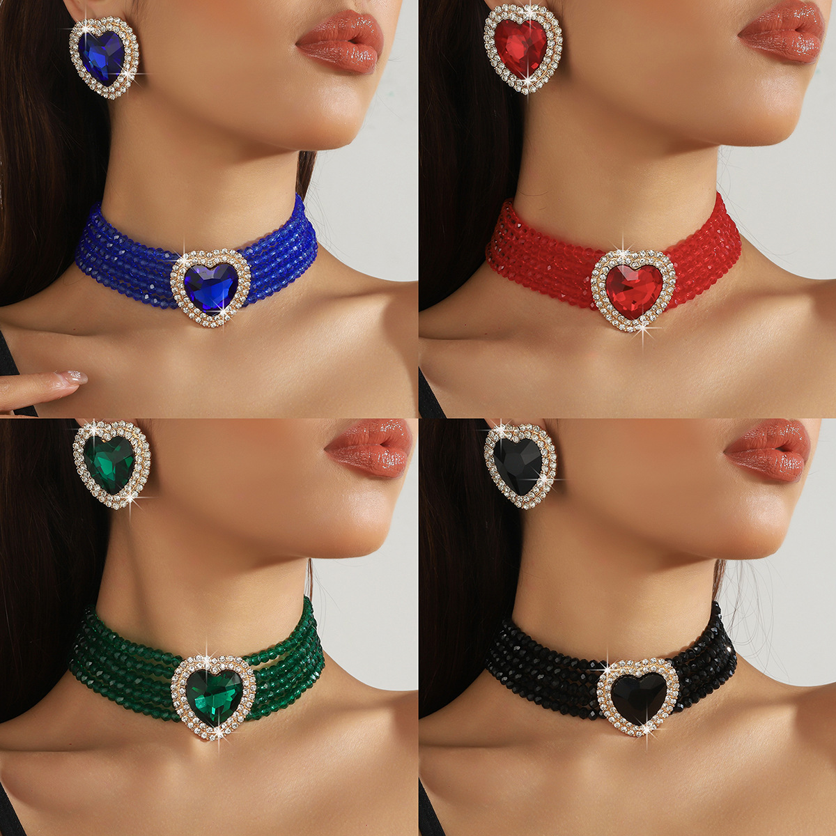 Luxurious multi-layer crystal glass beads, heart-shaped peach heart crystal necklace, earrings, fashionable and exaggerated necktie necklace