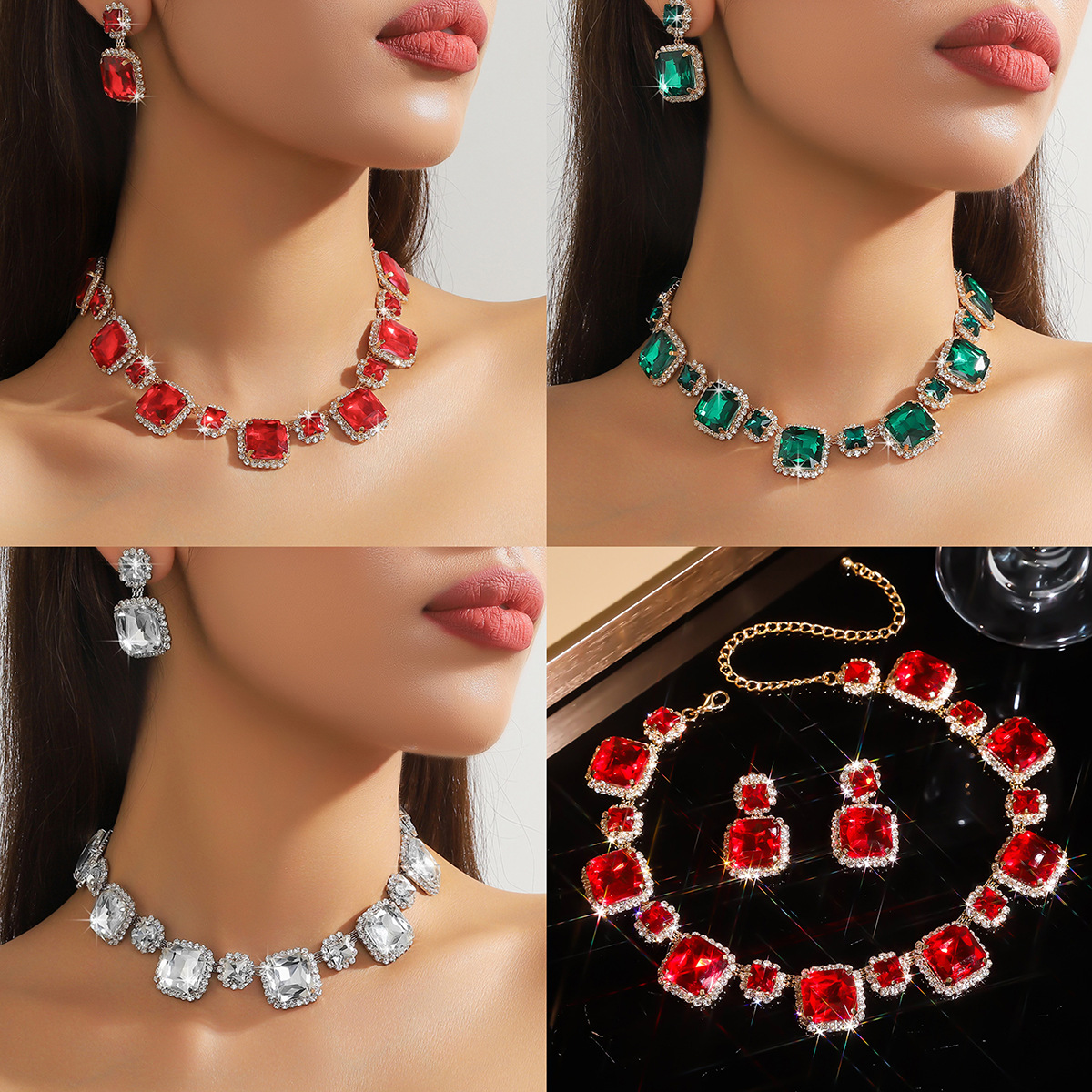 Wind colored red full diamond crystal necklace earrings for dinner dress exaggerated collarbone chain