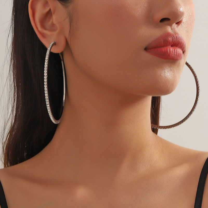 Original 8cm oversized earrings with exaggerated circular pink rhinestones, geometric full diamond rings, earrings for women