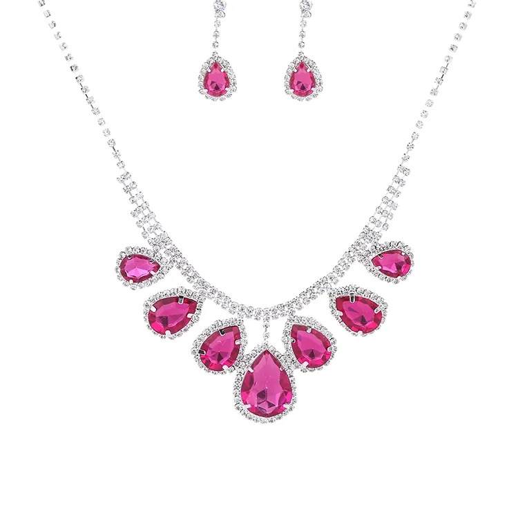 Bridal Wedding Banquet Colorful Diamond Water Drop Necklace Earrings Two Piece Set Evening Dress Accessories Jewelry Set