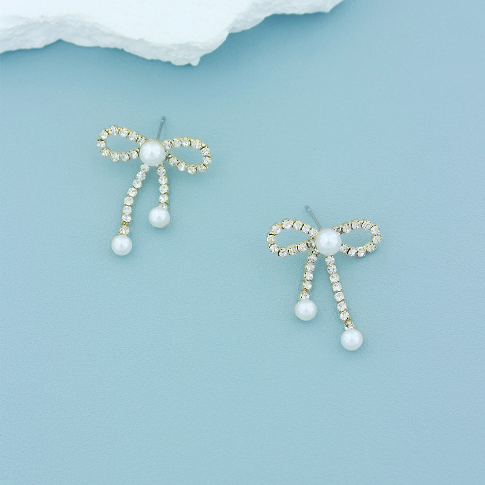 New Korean cross-border elegant and fashionable pearl rhinestone bow earrings for women, light luxury earrings