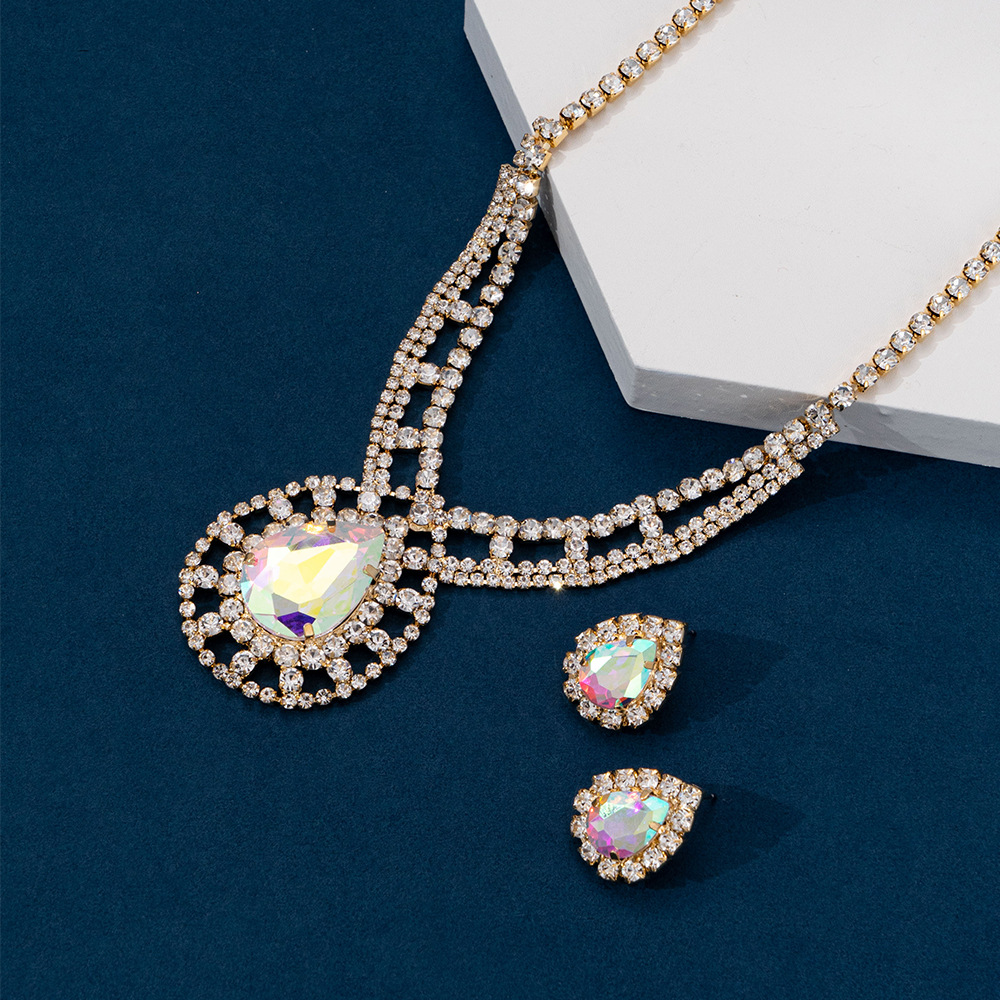 Manufacturer direct sales new design exaggerated droplet shape AB rhinestone hollow necklace earring jewelry set