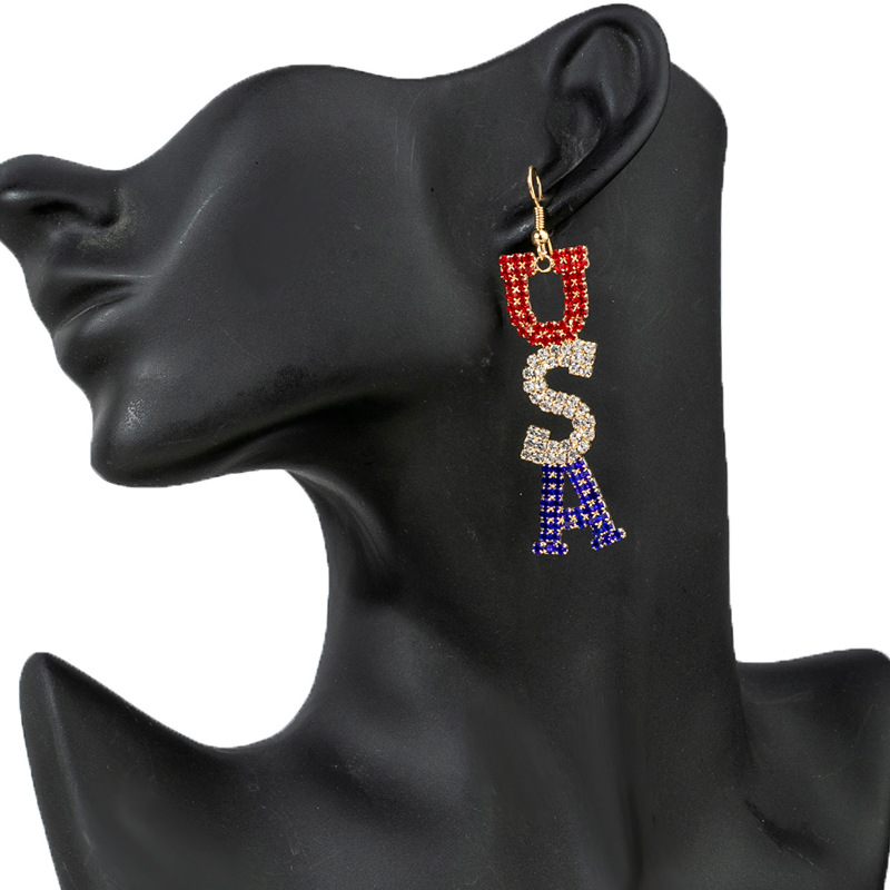 Cross border Europe, America, and the United States celebrate holidays with rhinestones, USA letter earrings, colorful design, and diamond studded earrings wholesale