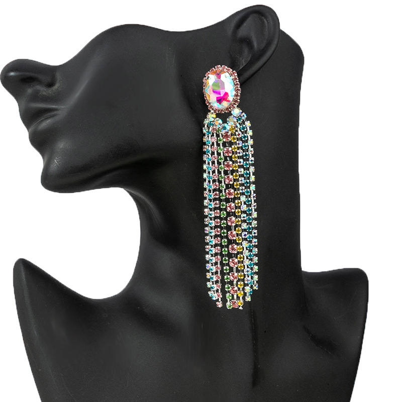 Amazon premium color diamond oval fringe rhinestone earrings cross-border European and American daily versatile vacation earrings