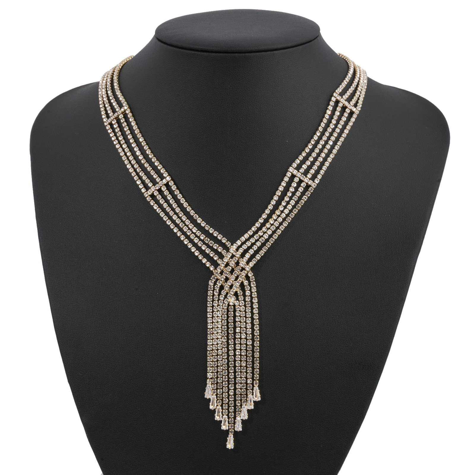 Cross border new Y-shaped 4-row tassel rhinestone necklace with European and American design sense, cross layered zircon personalized necklace