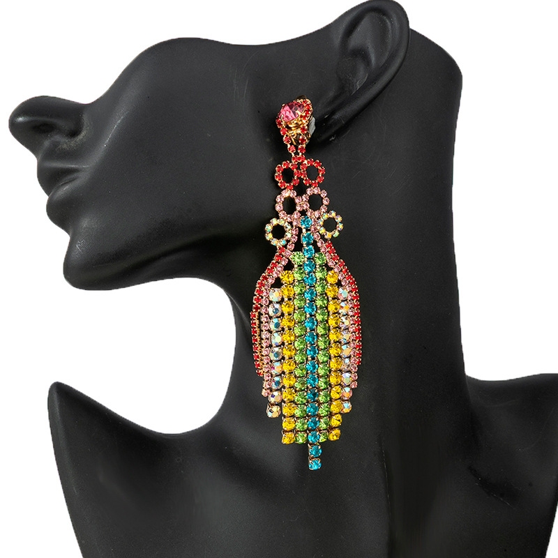 Manufacturer's new product, European and American cross-border exaggerated color diamond tassel ear clip design, colorful long earrings