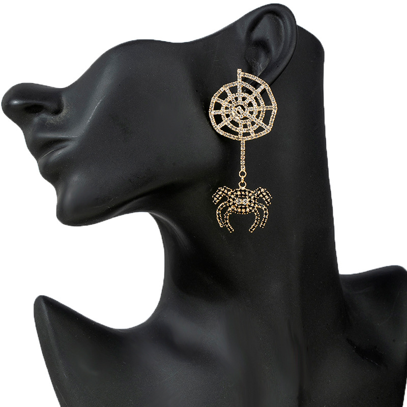Amazon Halloween Spider Web Water Diamond Exaggerated Earrings Cross border European and American Pendant Black Spider Full Diamond Earrings
