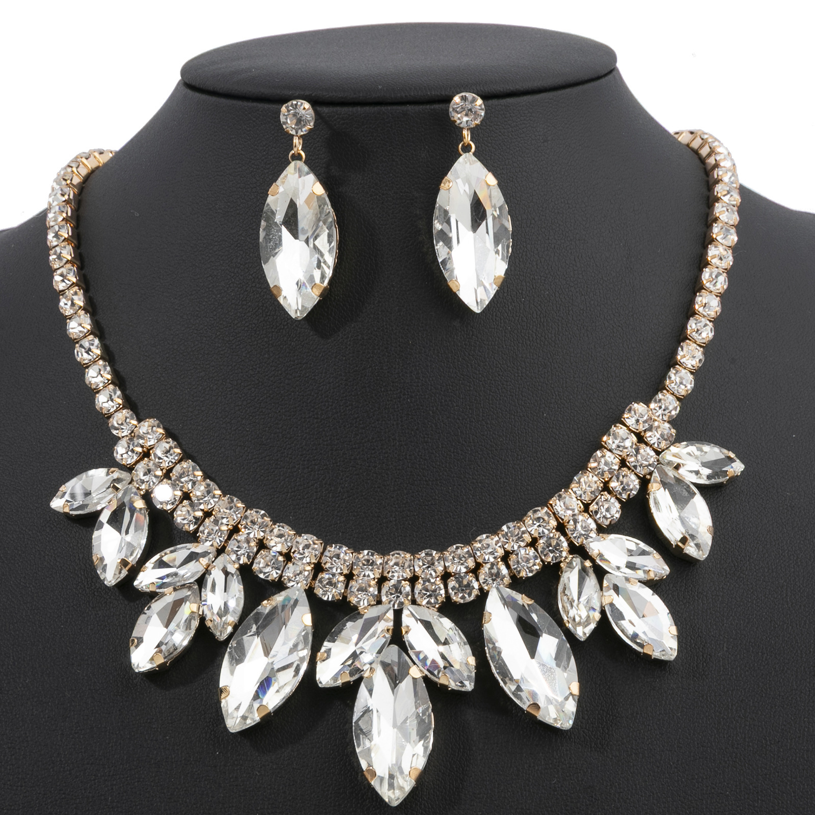 European and American cross-border luxury rhinestone necklace earrings two-piece set dress accessories banquet high-end crystal jewelry set