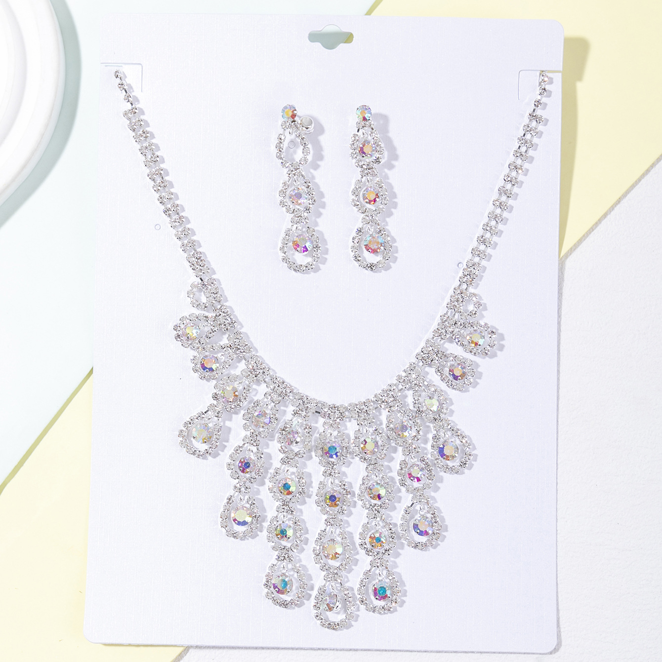 Bridal Wedding Banquet AB Diamond Tassel Colored Earrings Necklace Jewelry Set Crystal Bubble Jewelry Two Piece Set