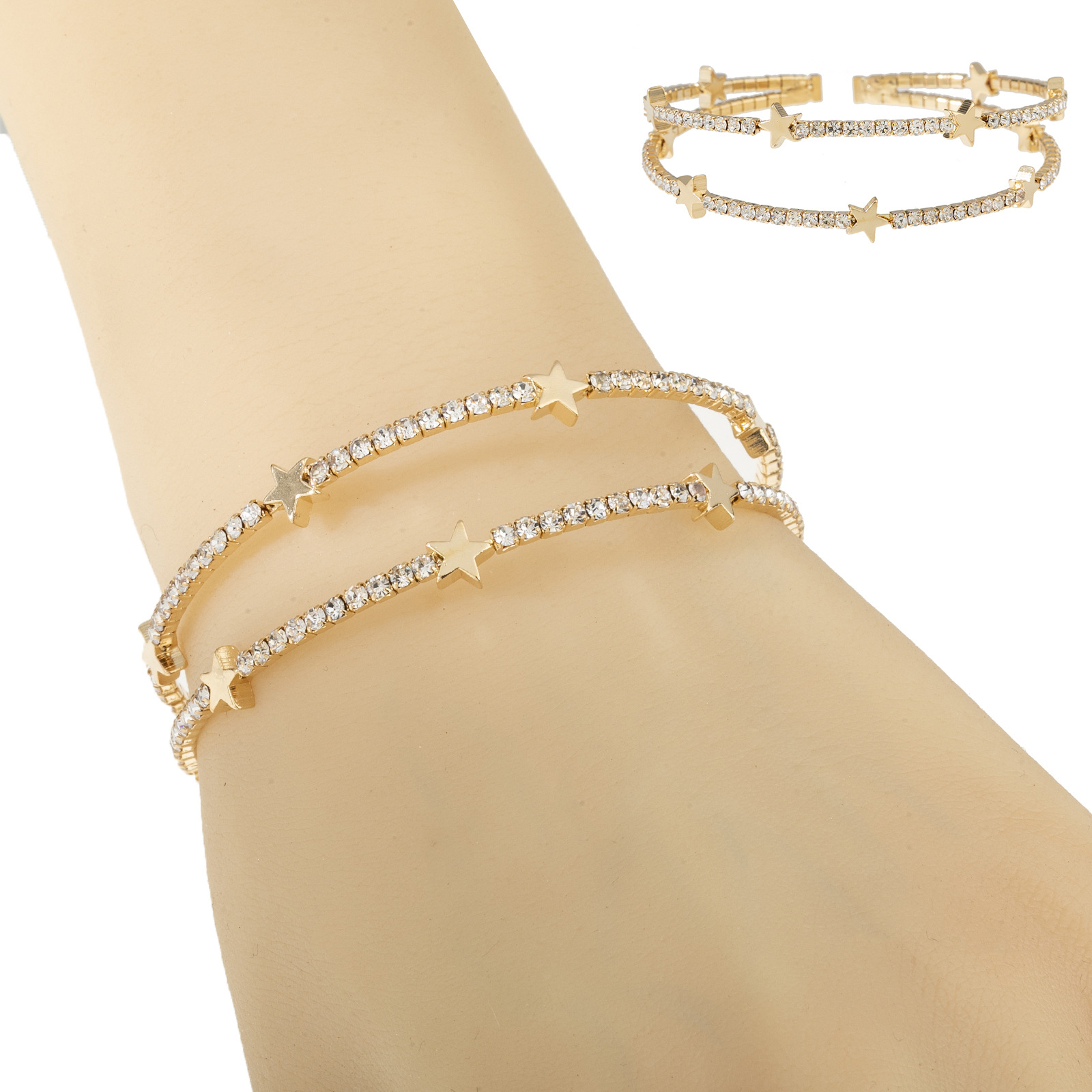 Cross border European, American, Korean version fashionable and simple 2-row five pointed star rhinestone bracelet with personalized design and diamond inlaid opening bracelet
