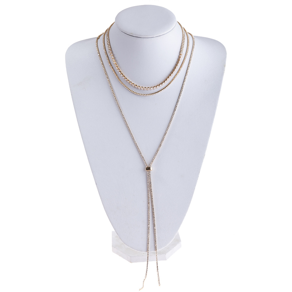 Bestselling styles in Europe and America, multi-layer long zircon rhinestone, men's and women's universal gold-plated claw chain, sliding adjustable sweater chain