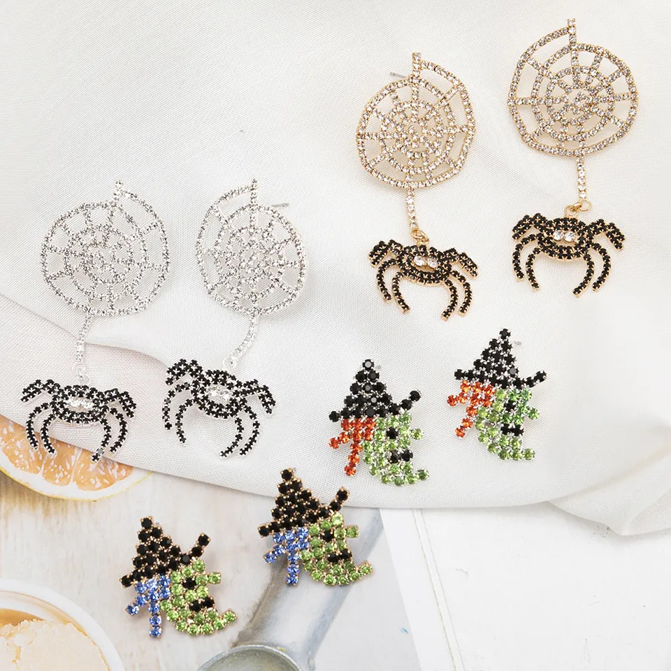 Factory direct sales, cross-border exclusive for creative rhinestone spiders, Halloween earrings, diamond studded witch design earrings in Europe and America
