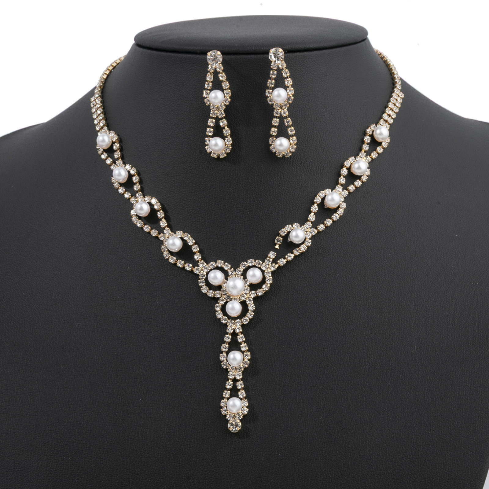 AliExpress hot selling cross-border jewelry bride wedding elegant temperament rhinestone pearl jewelry two-piece set wholesale