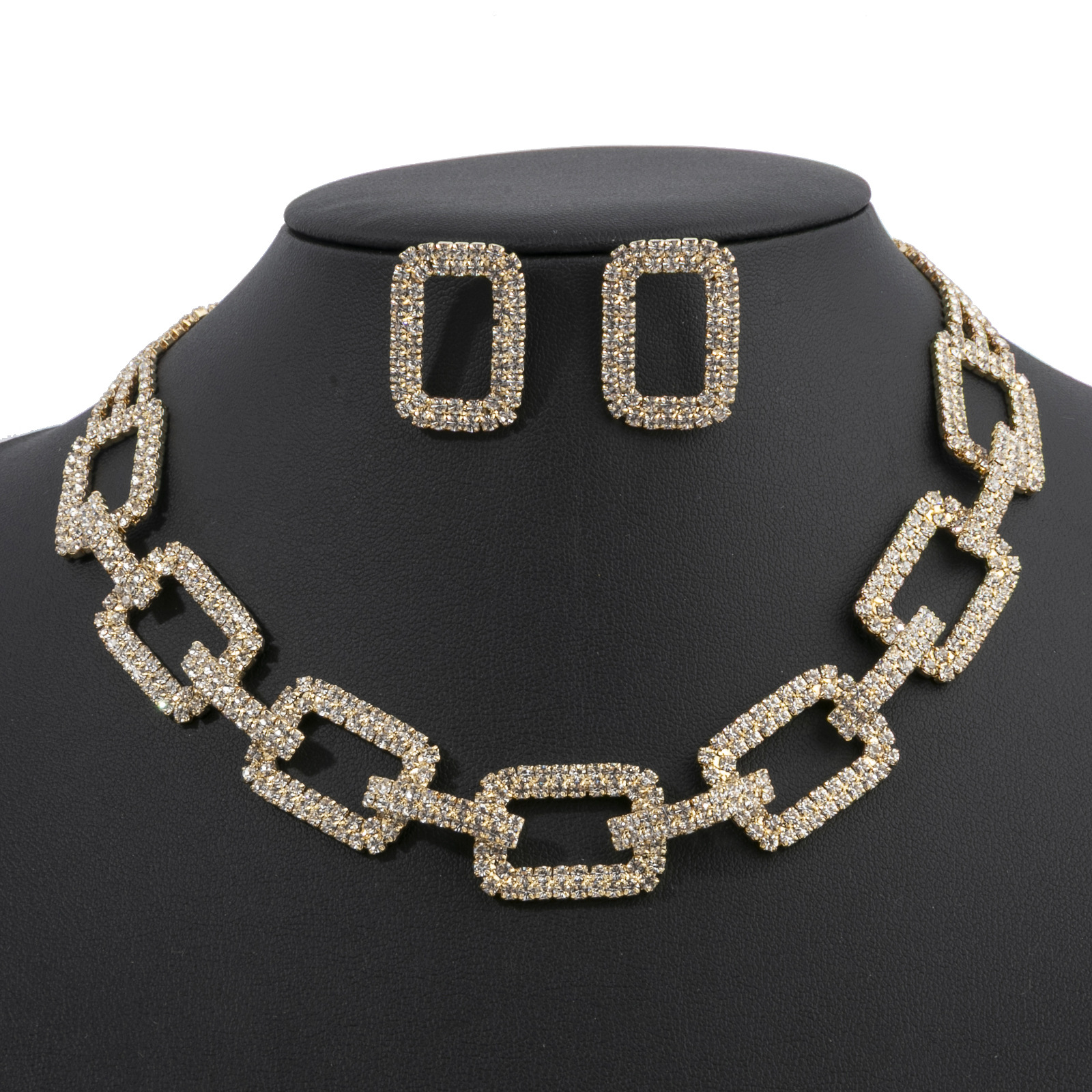 Amazon hot selling square chain design with rhinestone earrings necklace jewelry set cross-border European and American full diamond jewelry