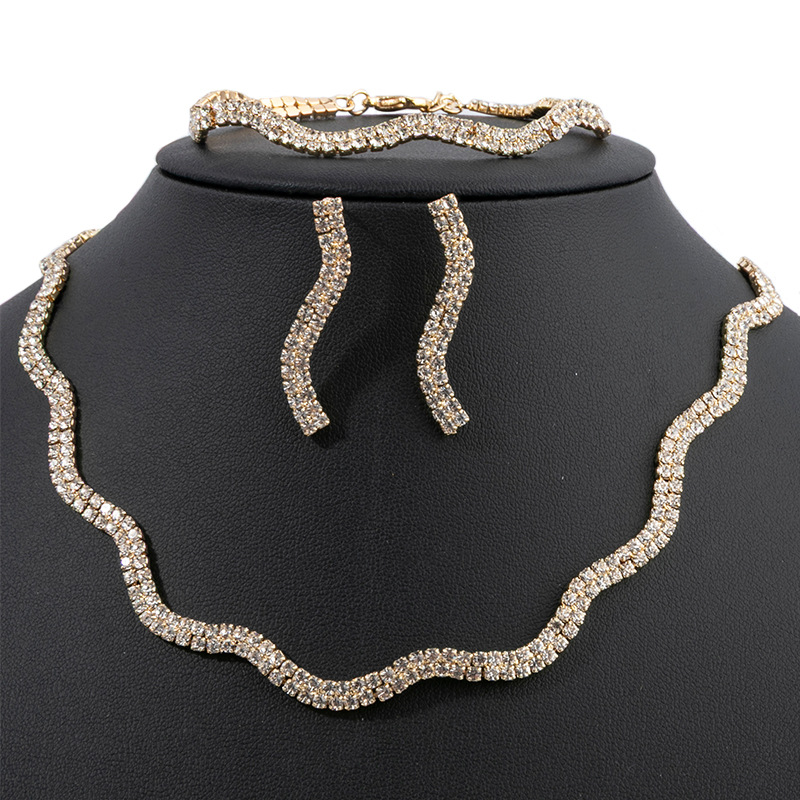AliExpress Women's Wave shaped Necklace, Earrings, Bracelets, Cross border European and American High end Water Diamond Jewelry Set
