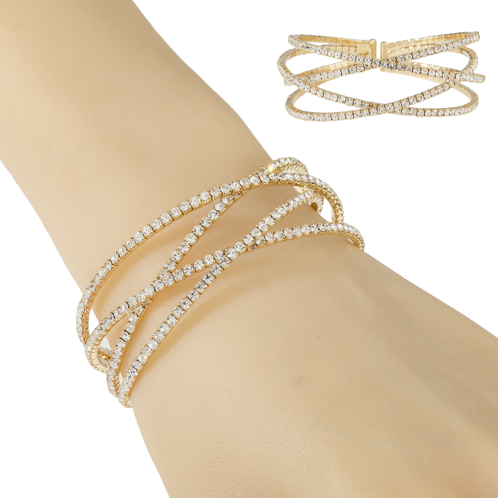 Manufacturer's source: Amazon hot selling cross-border four row cross steel wire elastic rhinestone bracelet for women with diamond inlay, European and American markets