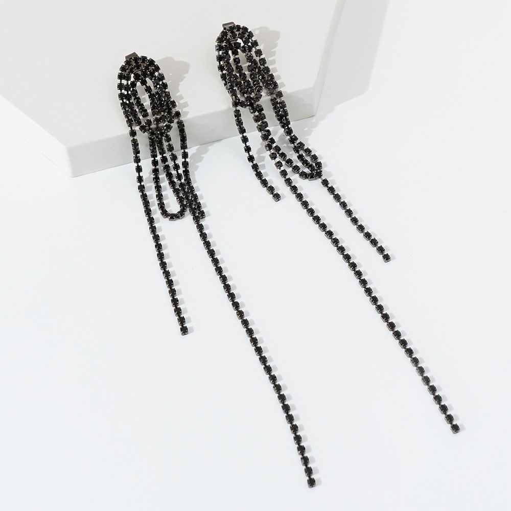 Foreign trade popular design black diamond long tassel rhinestone earrings personalized women's clip on claw chain temperament earrings