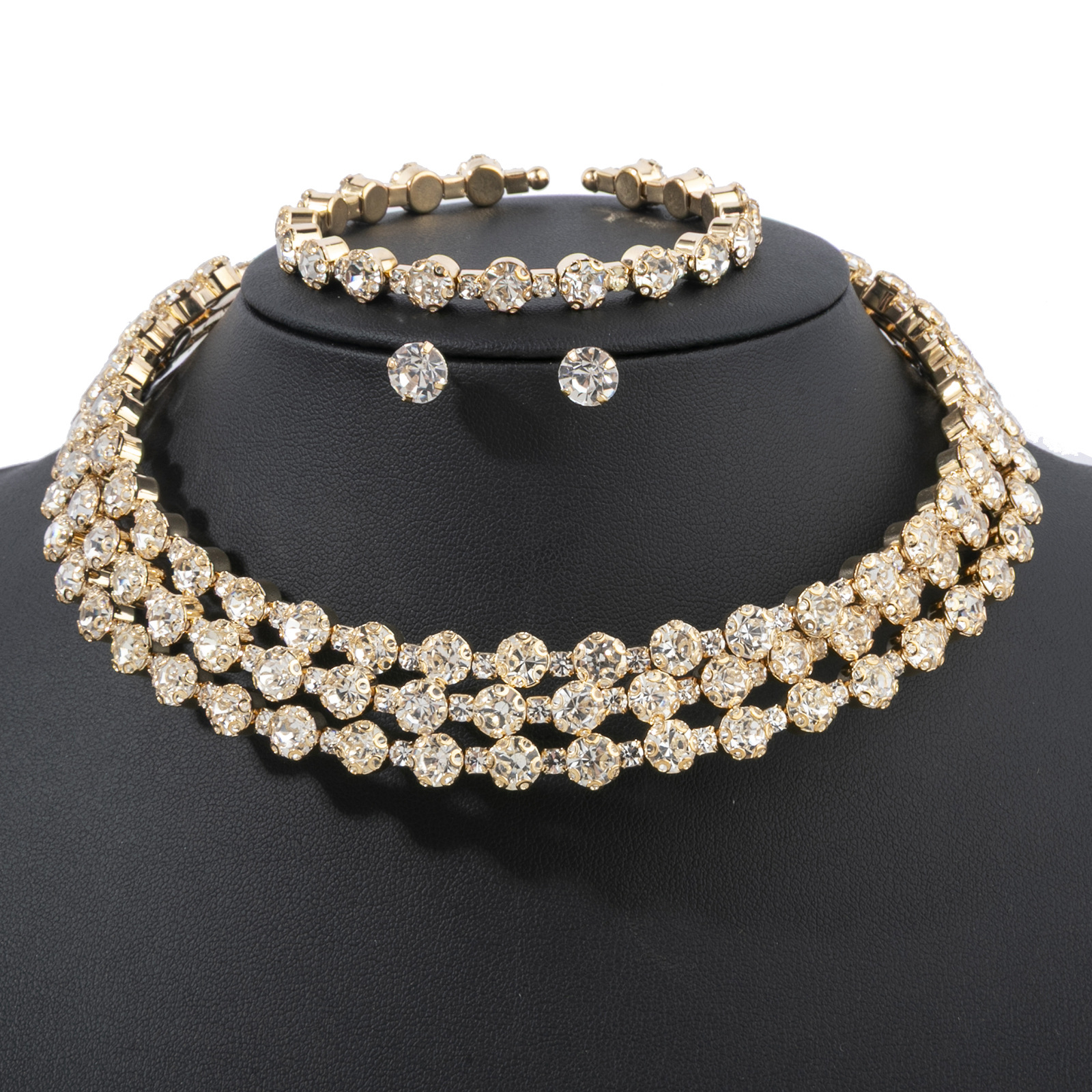 Bridal Wedding 3 Drainage Diamond Collar+Earstuds+Elastic Opening Bracelet Jewelry Set Cross border Fashion Accessories
