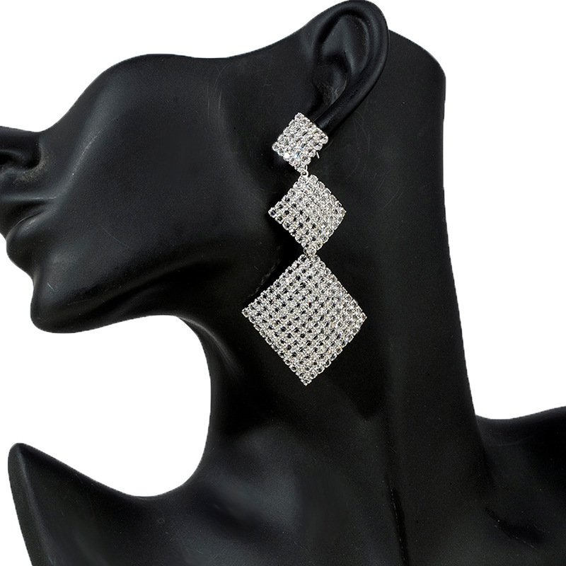 Cross border source exaggerated full diamond square hanging earrings European and American luxurious and atmospheric rhinestone earrings Earring