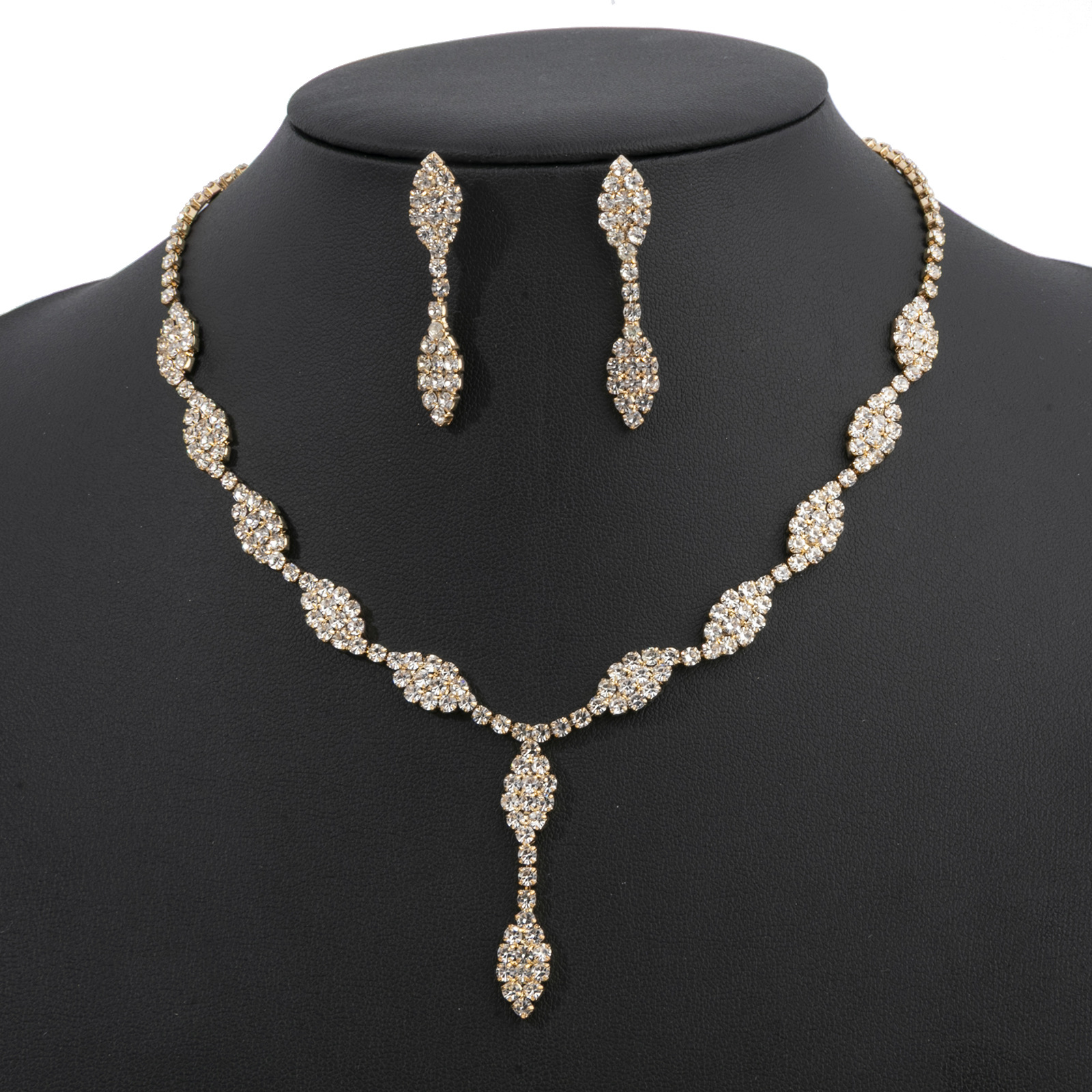 Cross border European and American bride wedding full diamond earrings necklace two-piece set women's wedding accessories rhinestone women's jewelry set