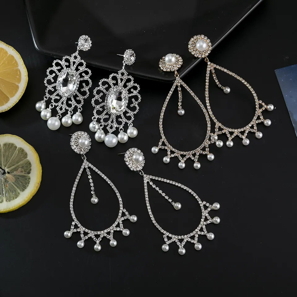 European and American fashion creative rhinestone droplet pendant earrings, pearl tassel temperament earrings, versatile accessories for banquets