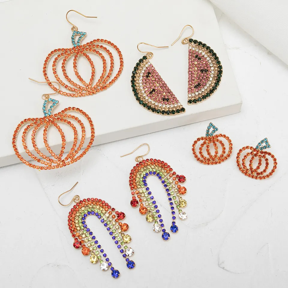 Source Manufacturer Cross border Halloween Pumpkin Water Diamond Earrings, Foreign Trade Fashion Watermelon Rainbow Earrings, Design Perception Jewelry