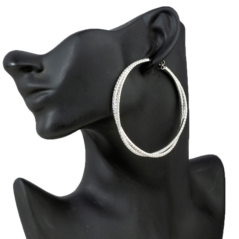 Europe and America cross-border exaggerated 65MM Fried Dough Twists shaped rhinestone large ear ring two layers of round steel wire elastic full drill earrings