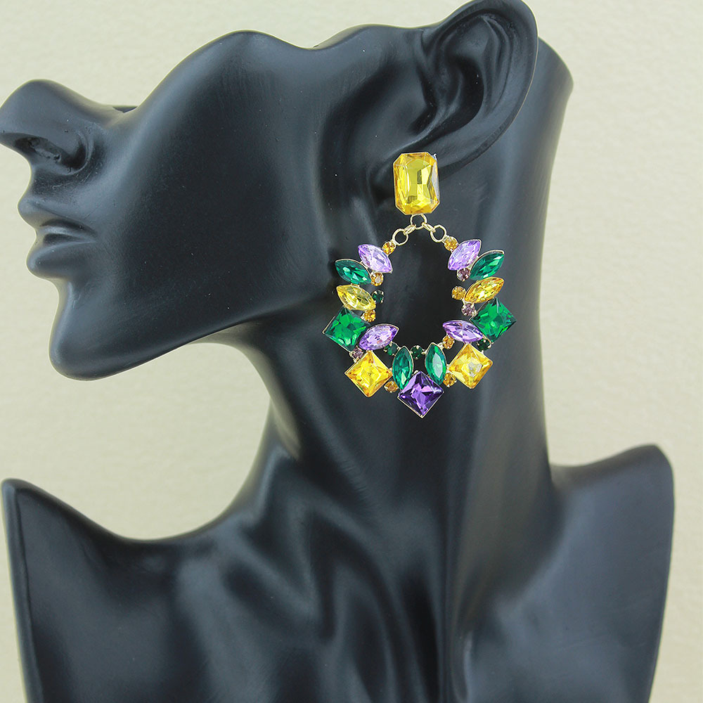 Cross border Claw Chain Water Diamond Colorful Diamond Wreath Earrings Women's Square Color Diamond Party European and American Earrings