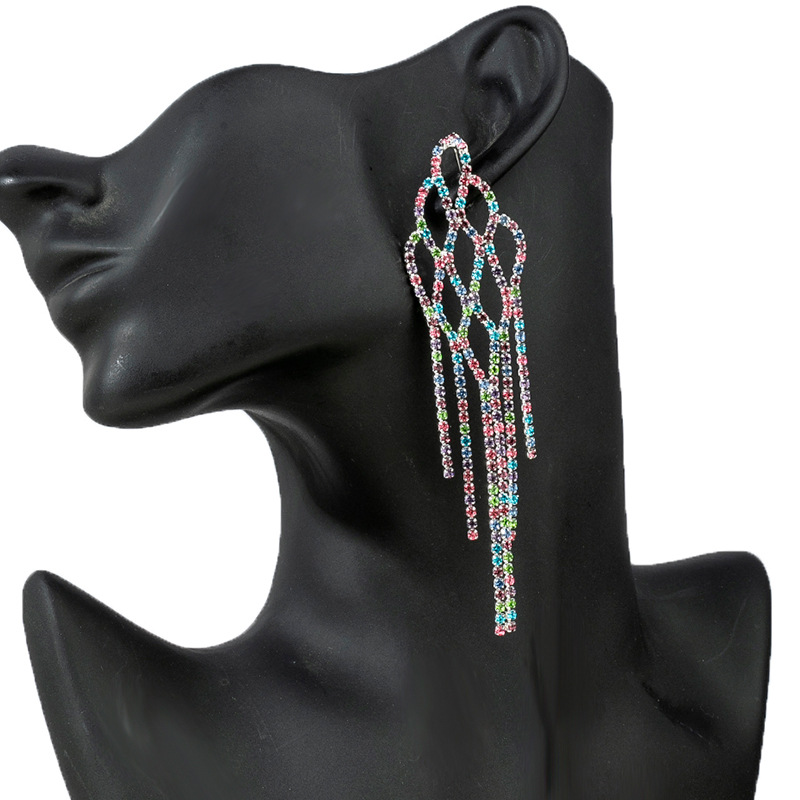 Cross border Earrings from Europe and America, mixed color rhinestone tassel earrings, Japanese and Korean grid shaped design, colorful earrings