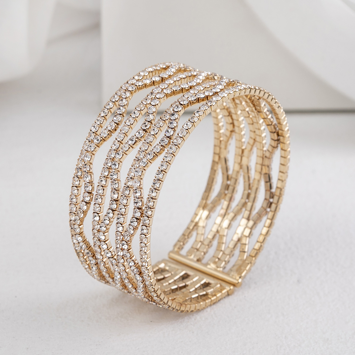 INS Europe and America Cross border New 7-Row Wave Open Water Diamond Bracelet Foreign Trade Steel Wire Claw Chain Double Love Single layer Handpiece