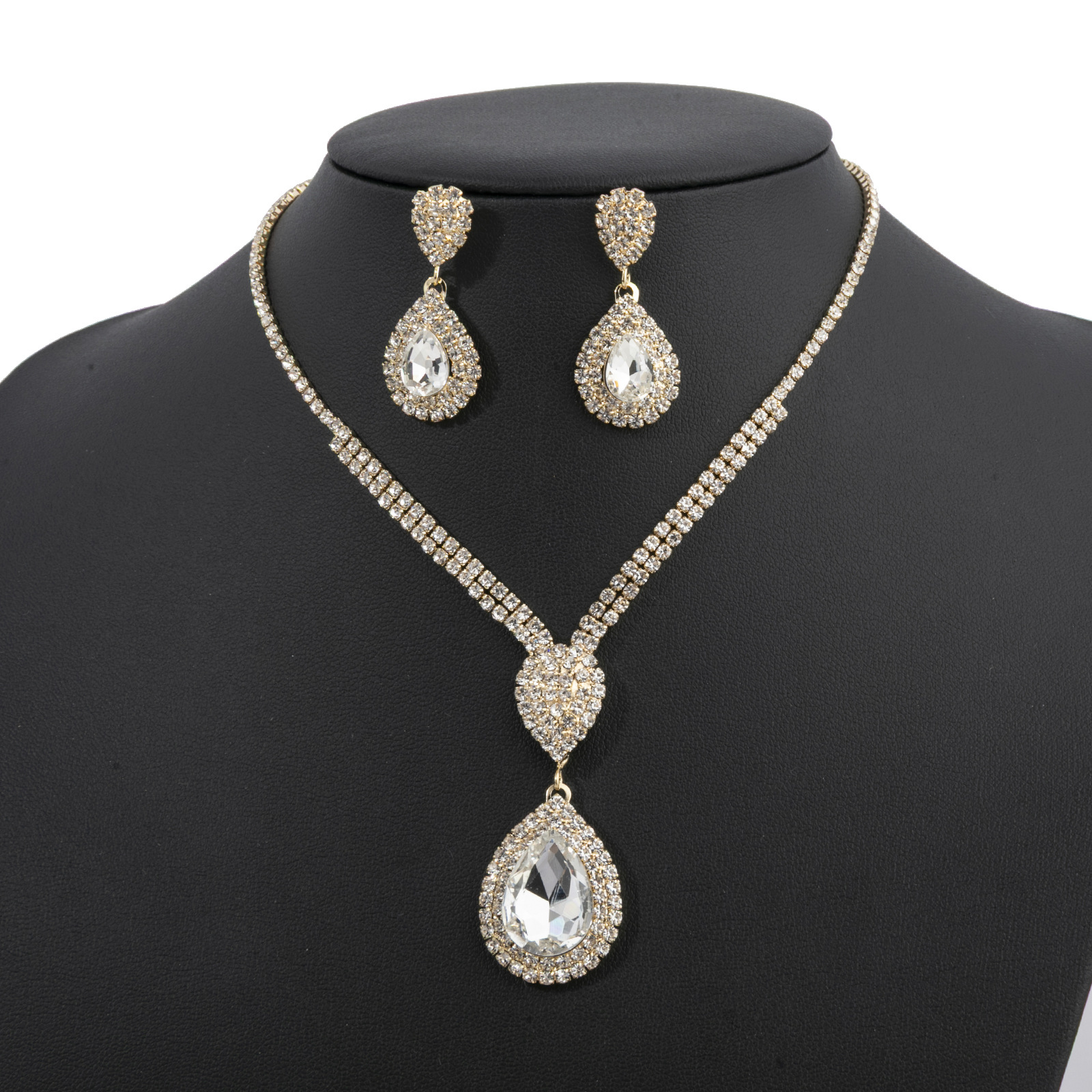 Cross border European and American Fashion Bridal Wedding Beautiful and Elegant Water Diamond Droplet Jewelry Set Full Diamond Two Piece Jewelry Set