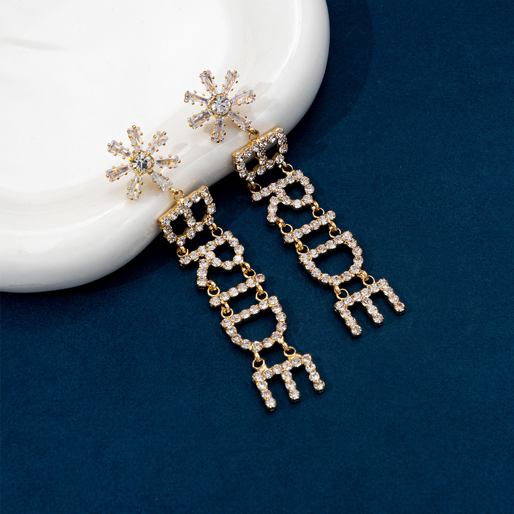 INS European and American New Letter BRIDE Bridal Water Diamond Zircon Earrings Women's Design Sense Cross border Pendant Earrings